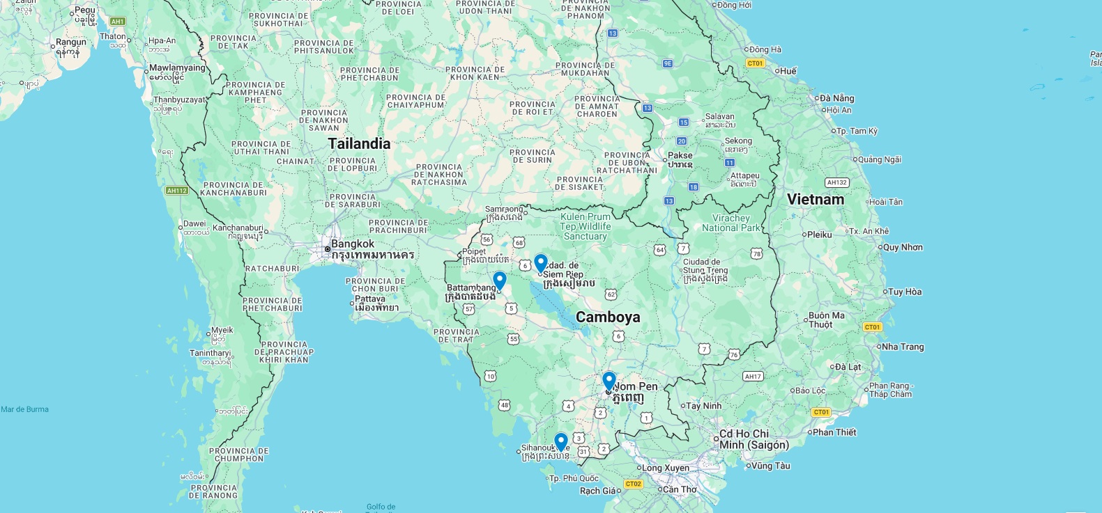 Mapa de la ruta per viatjar a Cambodja
