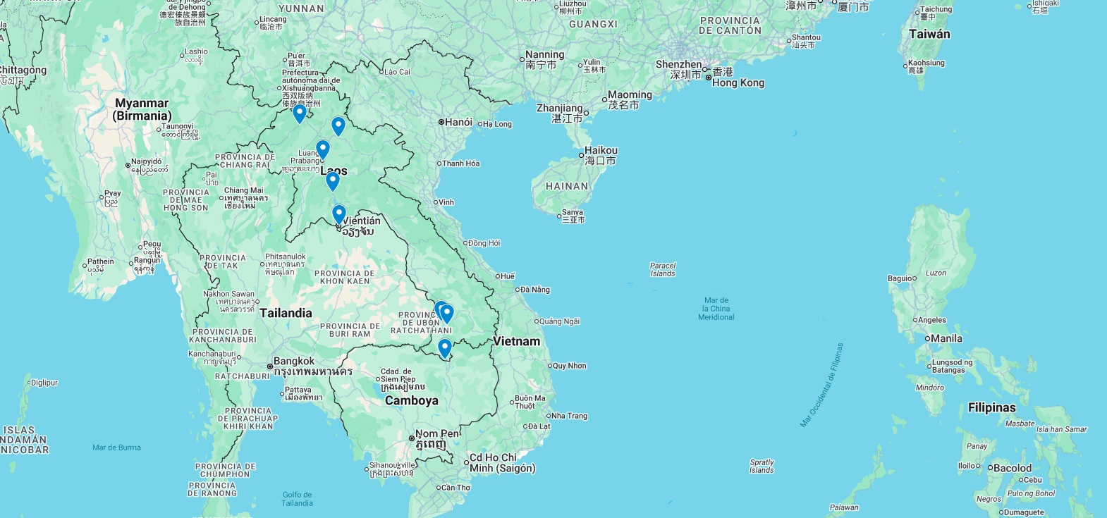 Mapa de la ruta per viatjar a Laos — Vientiane, Vang Vieng, Luang Prabang, Nong Khiaw, Luang Namtha, Pakse i 4000 Islands