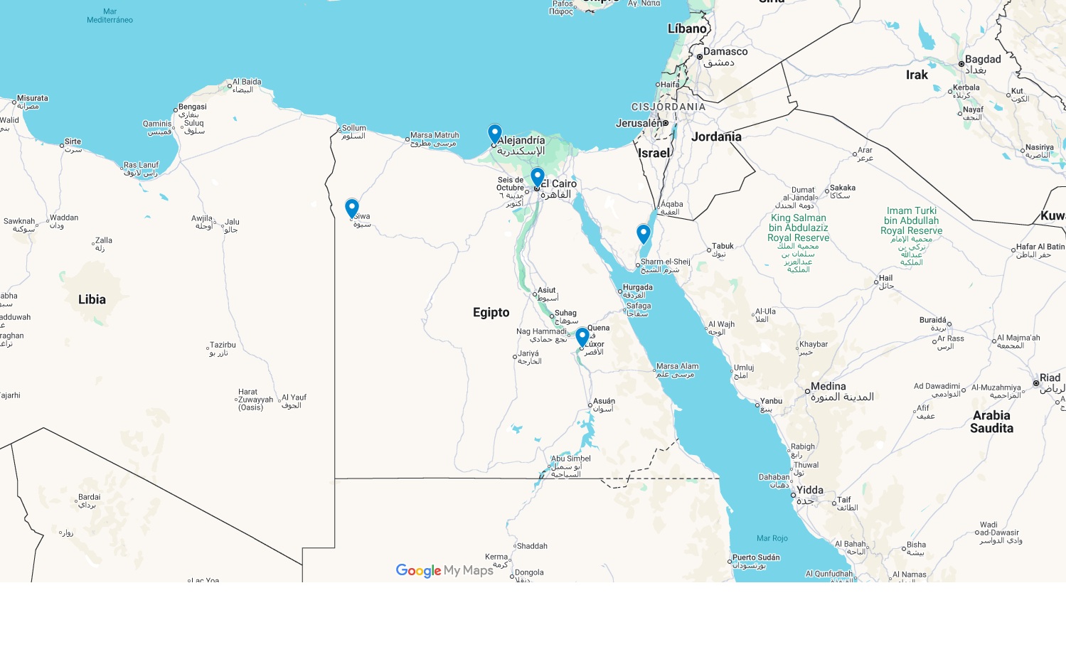 Mapa de la ruta per Egipte — 7 destins en 30 dies