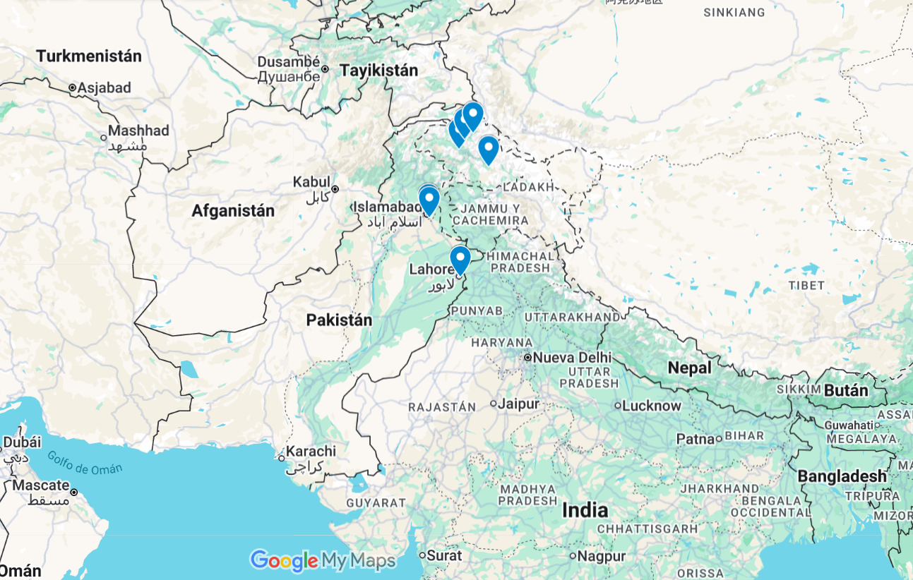 Mapa de la ruta pel Pakistan — Islamabad, Gilgit, Hunza, Passu, Skardu, Lahore