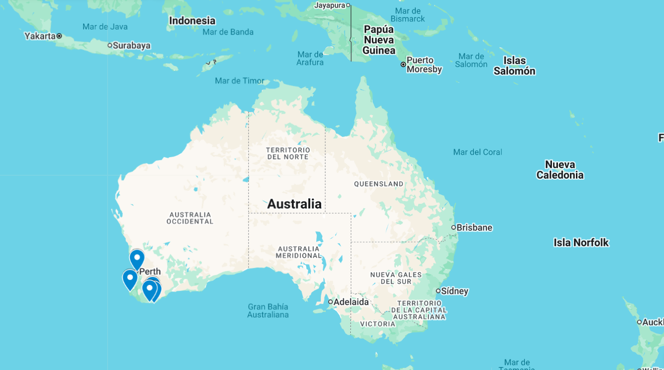 Mapa de la ruta pel sud-oest d'Austràlia Occidental