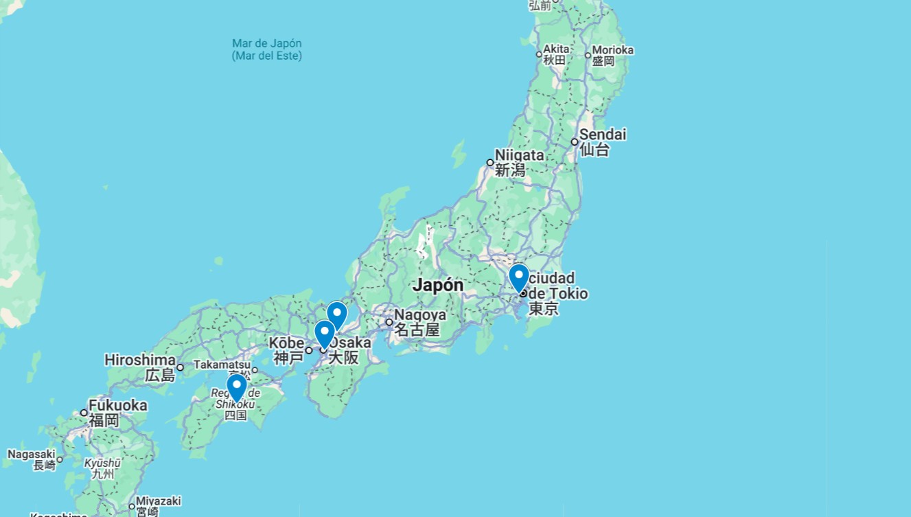 Mapa del Japó amb la ruta: Tòquio, Kyoto, Osaka i Shikoku