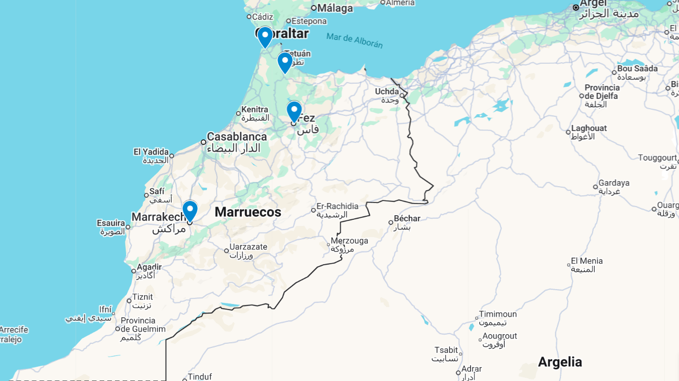 Mapa de la ruta pel Marroc: Marràkech, Tànger, Xefxauèn i Fes