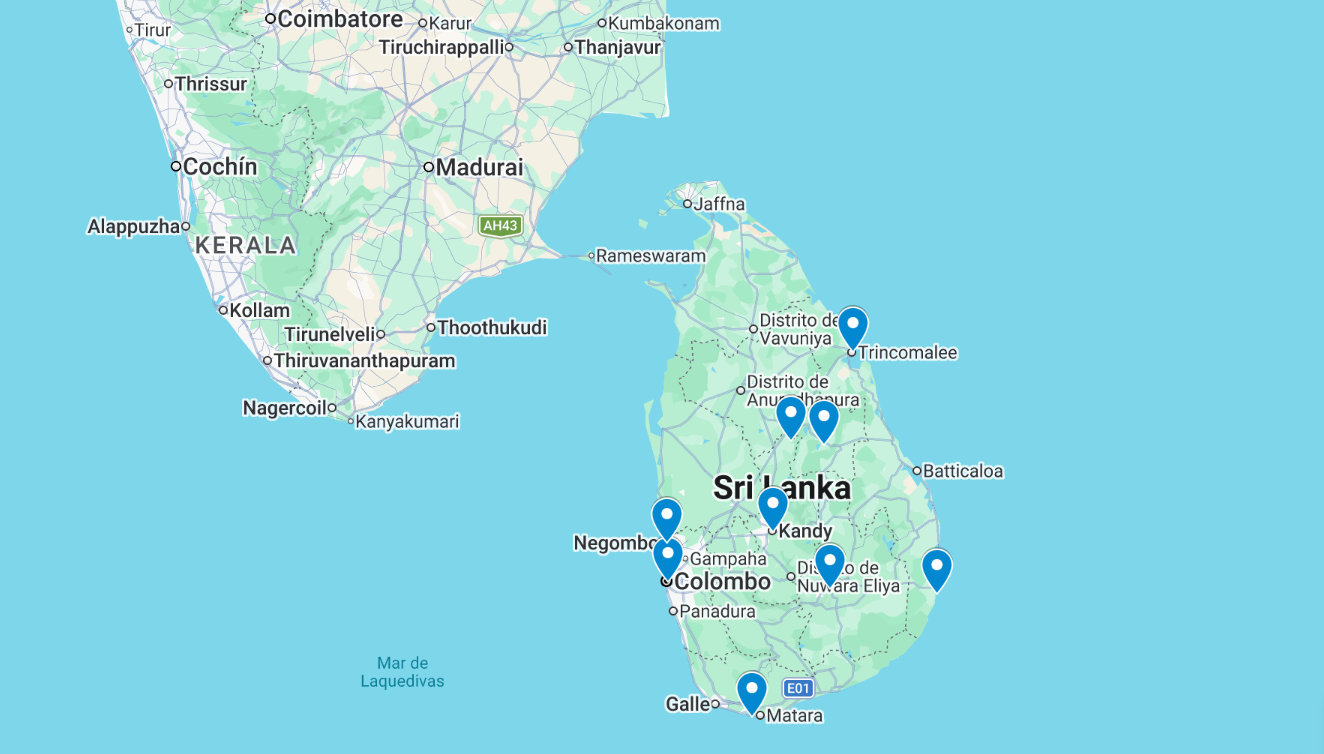 Mapa de la ruta per Sri Lanka
