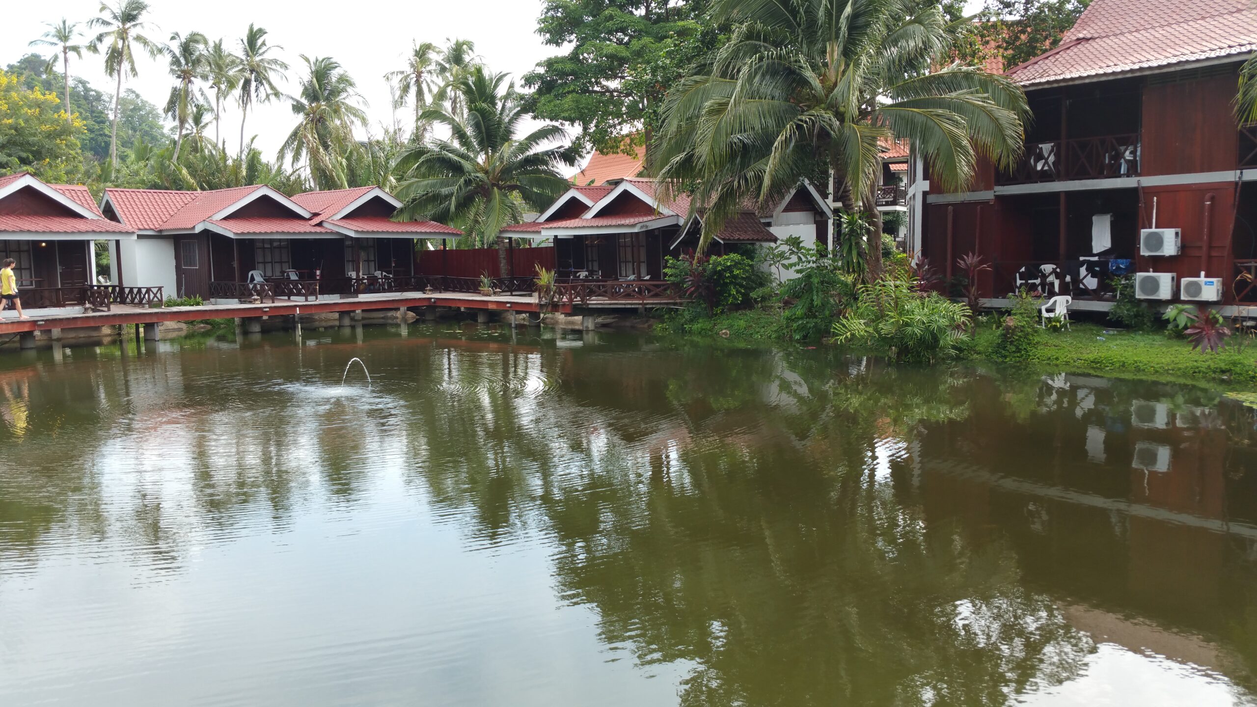 Bungalows de fusta entre palmeres reflectits a l'aigua a l'illa de Tioman, Malàisia