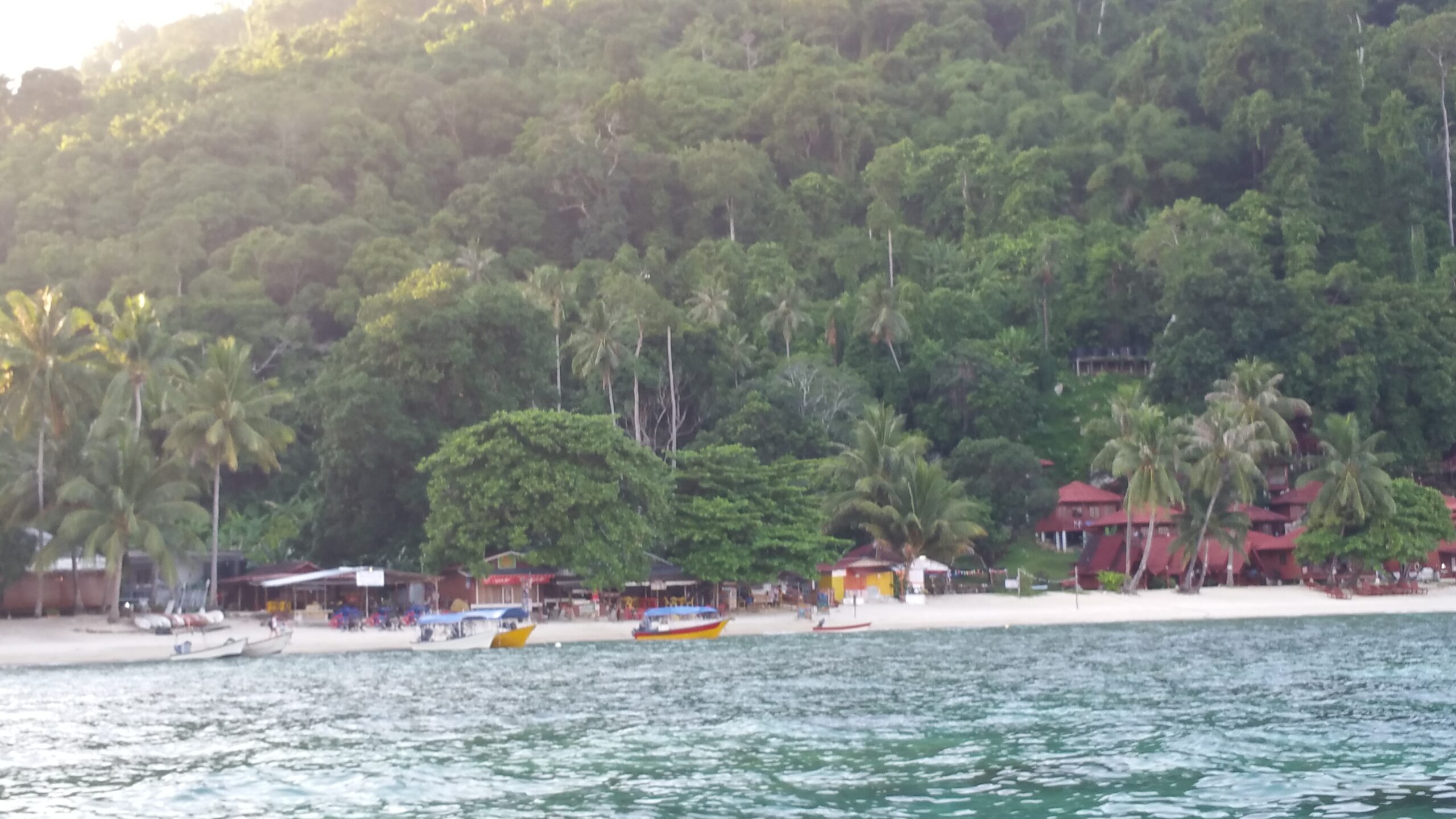 Allotjaments i barques davant la costa coberta de selva de Perhentian Kecil