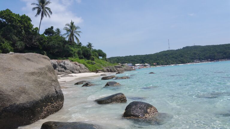 Platja de sorra clara amb roques, palmeres i aigua turquesa a les Illes Perhentian
