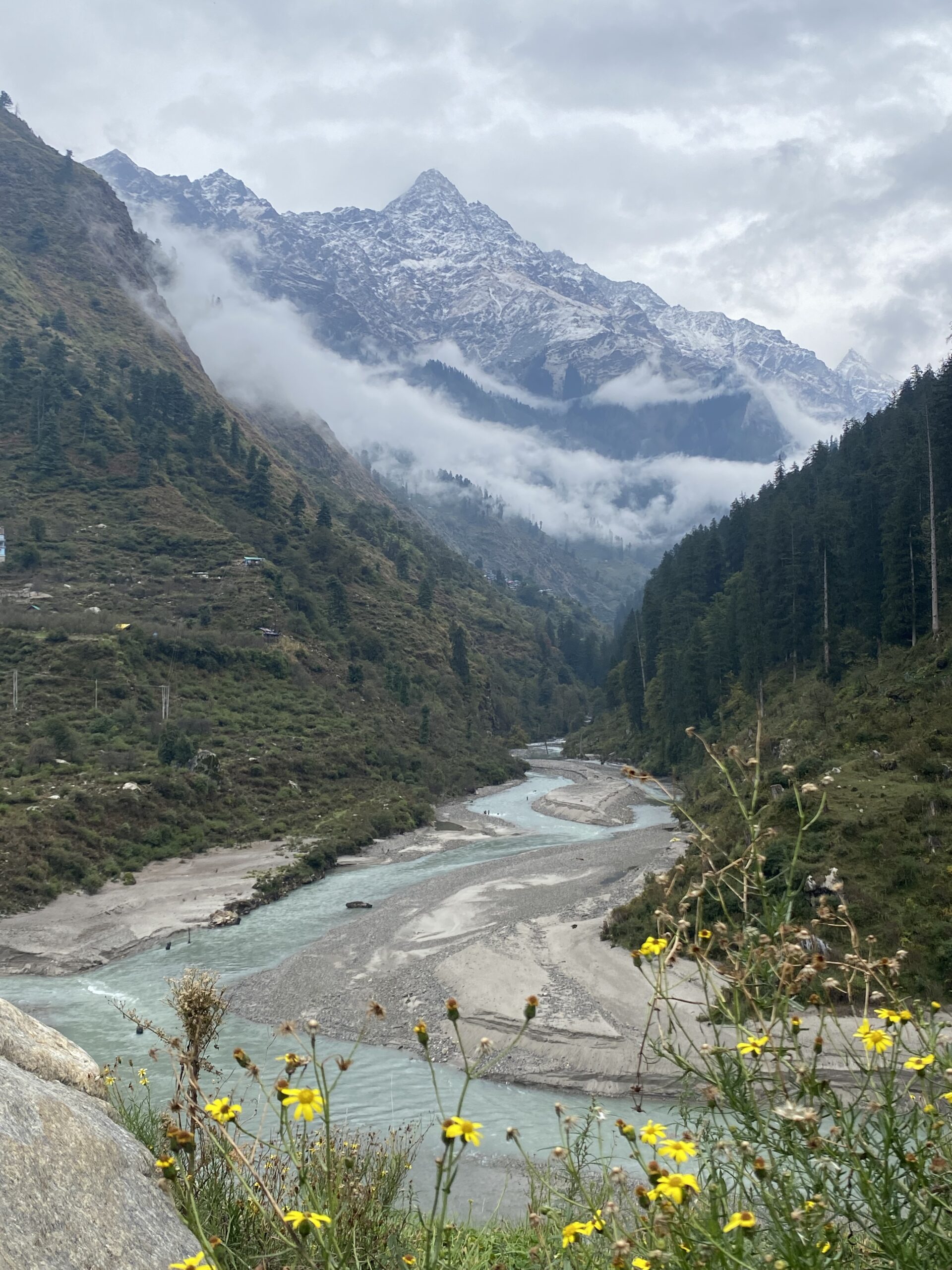 Riu Parvati avançant entre boscos i muntanyes nevades de l'Himàlaia a prop de Kasol, Índia.