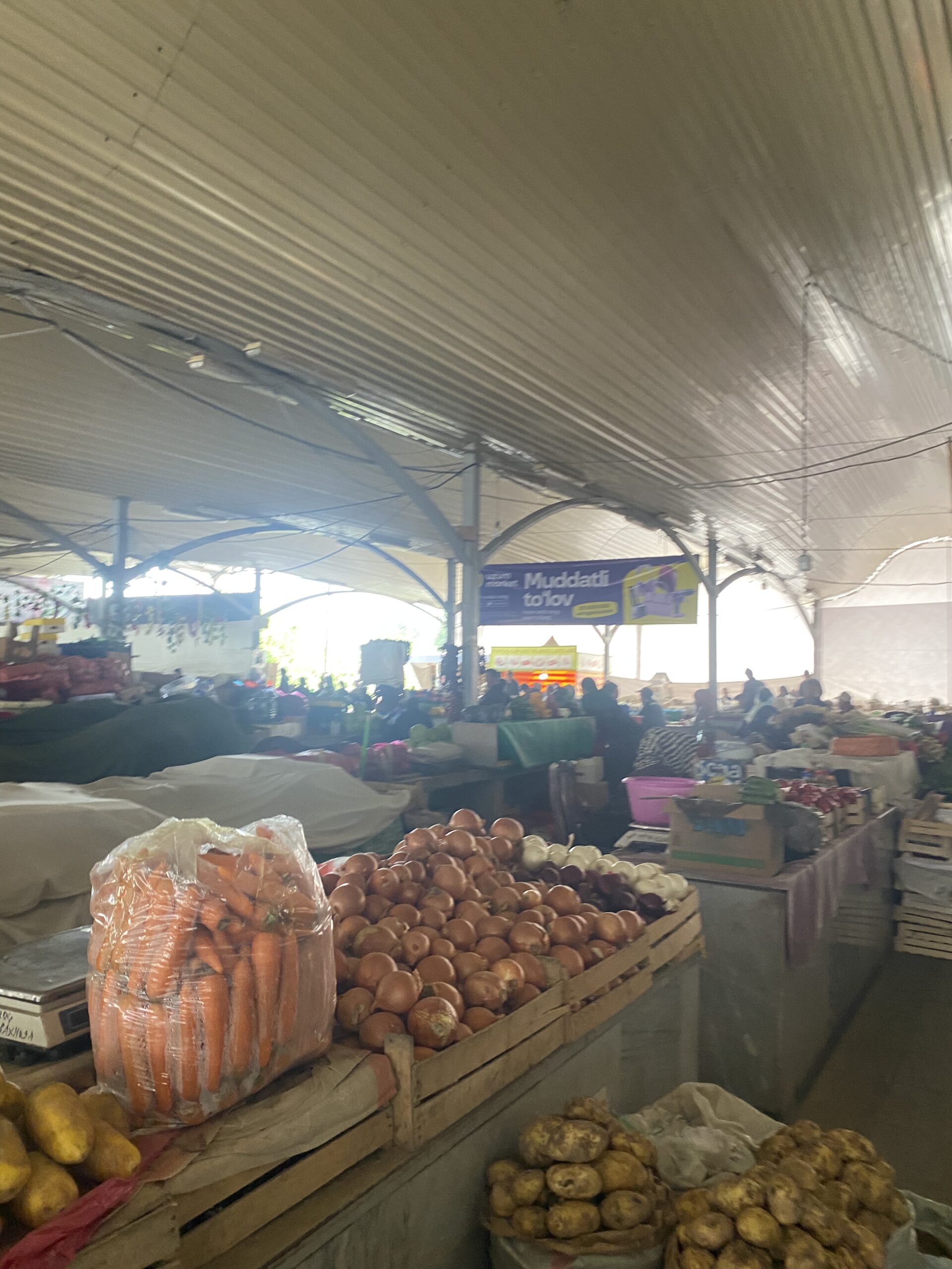Parades de fruita i verdura sota la coberta del bazar de Chorsu de Taixkent