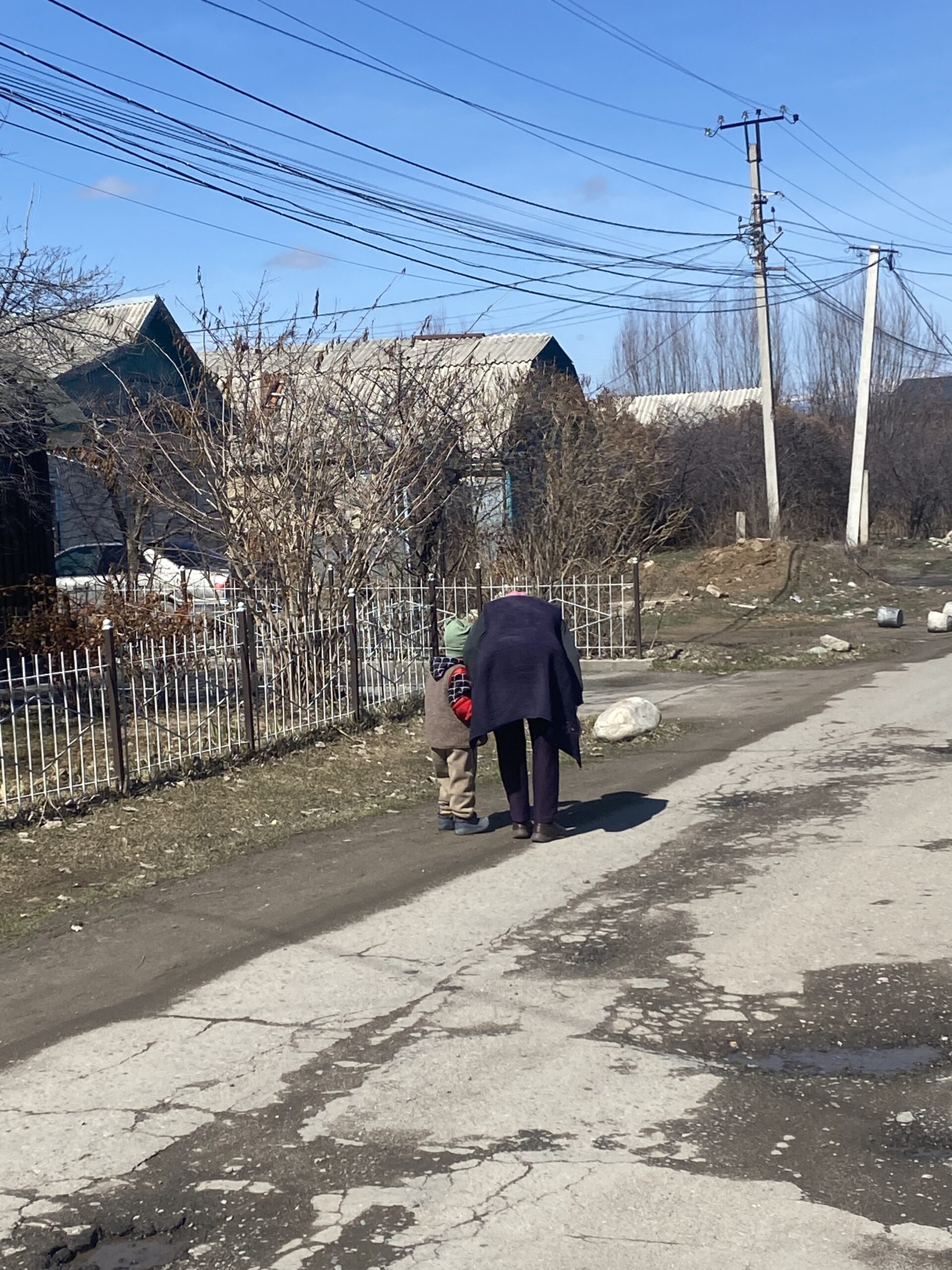 Carrer d'un poble prop de Karakol amb un home i un animal, Kirguizistan