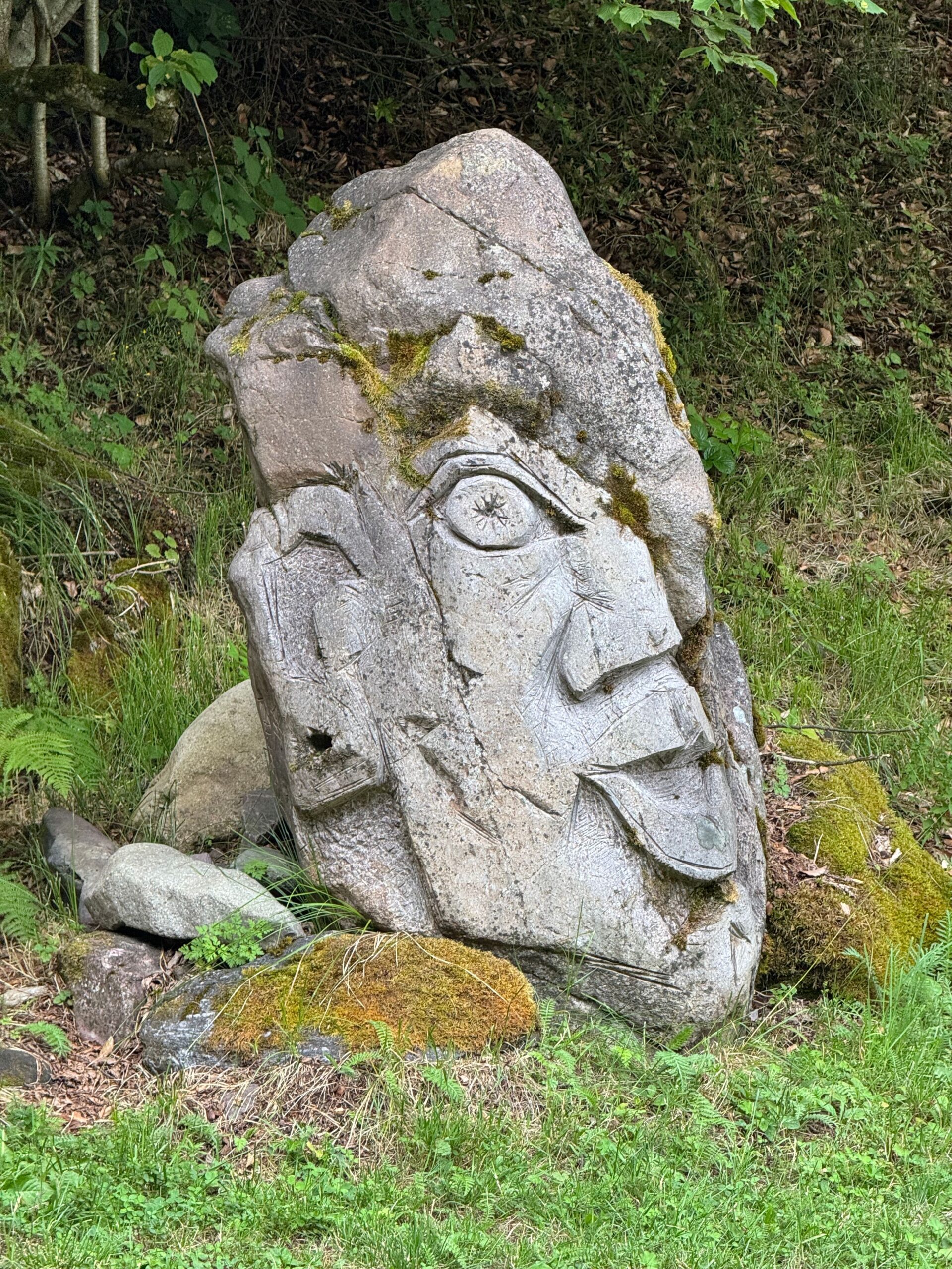 Escultura de pedra tallada entre la vegetació de San Agustín, Colòmbia