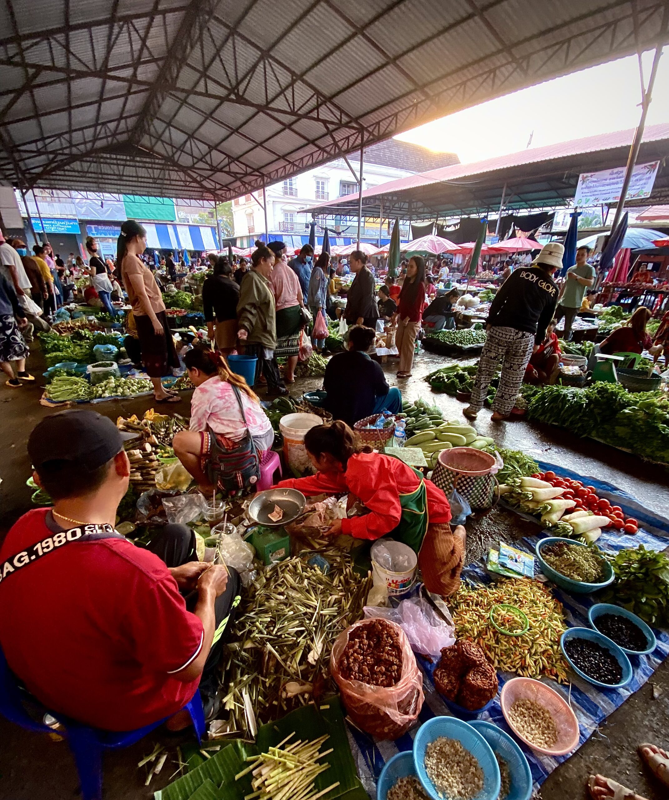 Parades de verdures i productes locals al mercat Daoheuang de Pakse, Laos