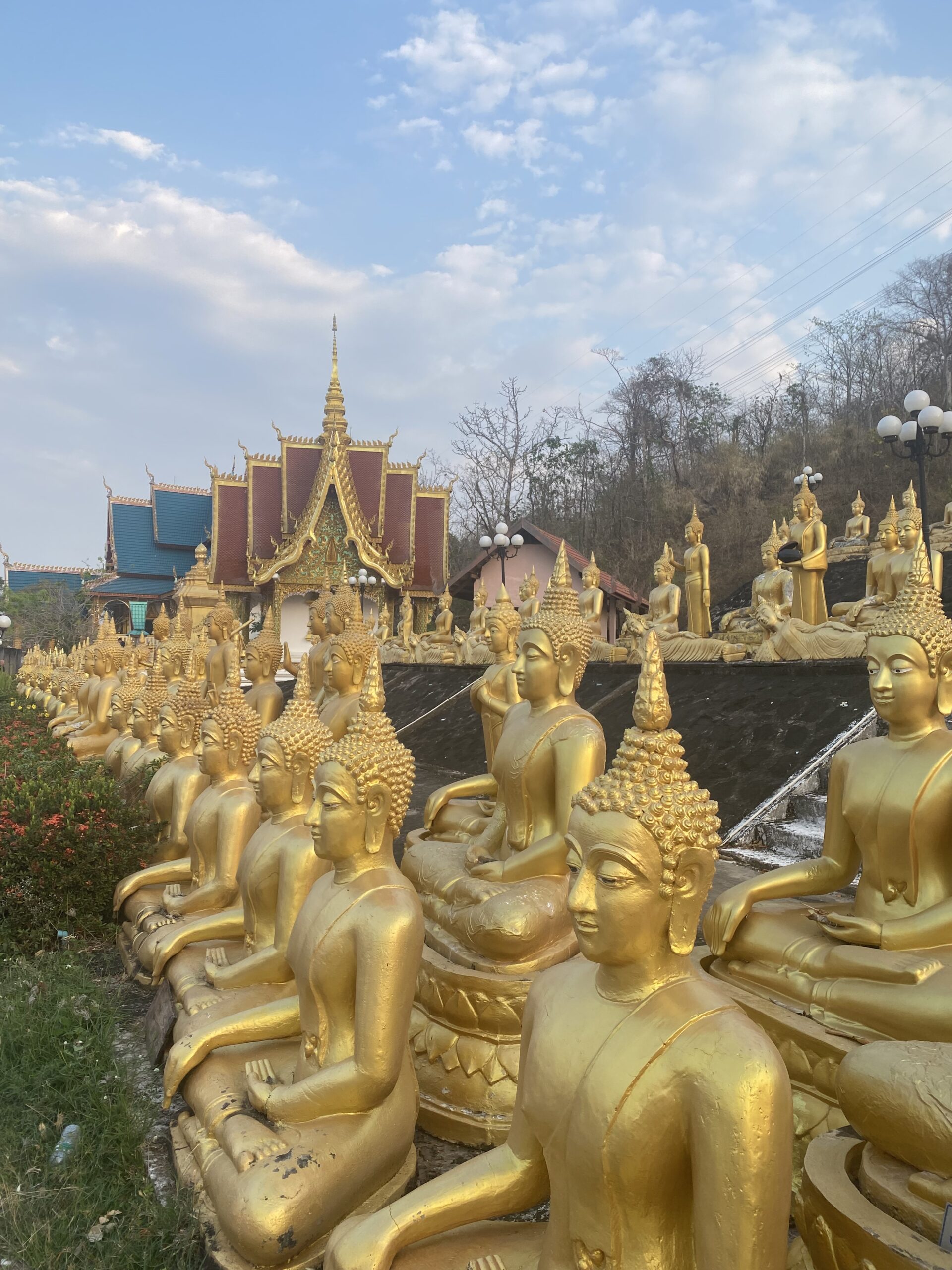 Fileres d'estàtues daurades de Buda al temple Wat Phou Salao de Pakse, Laos