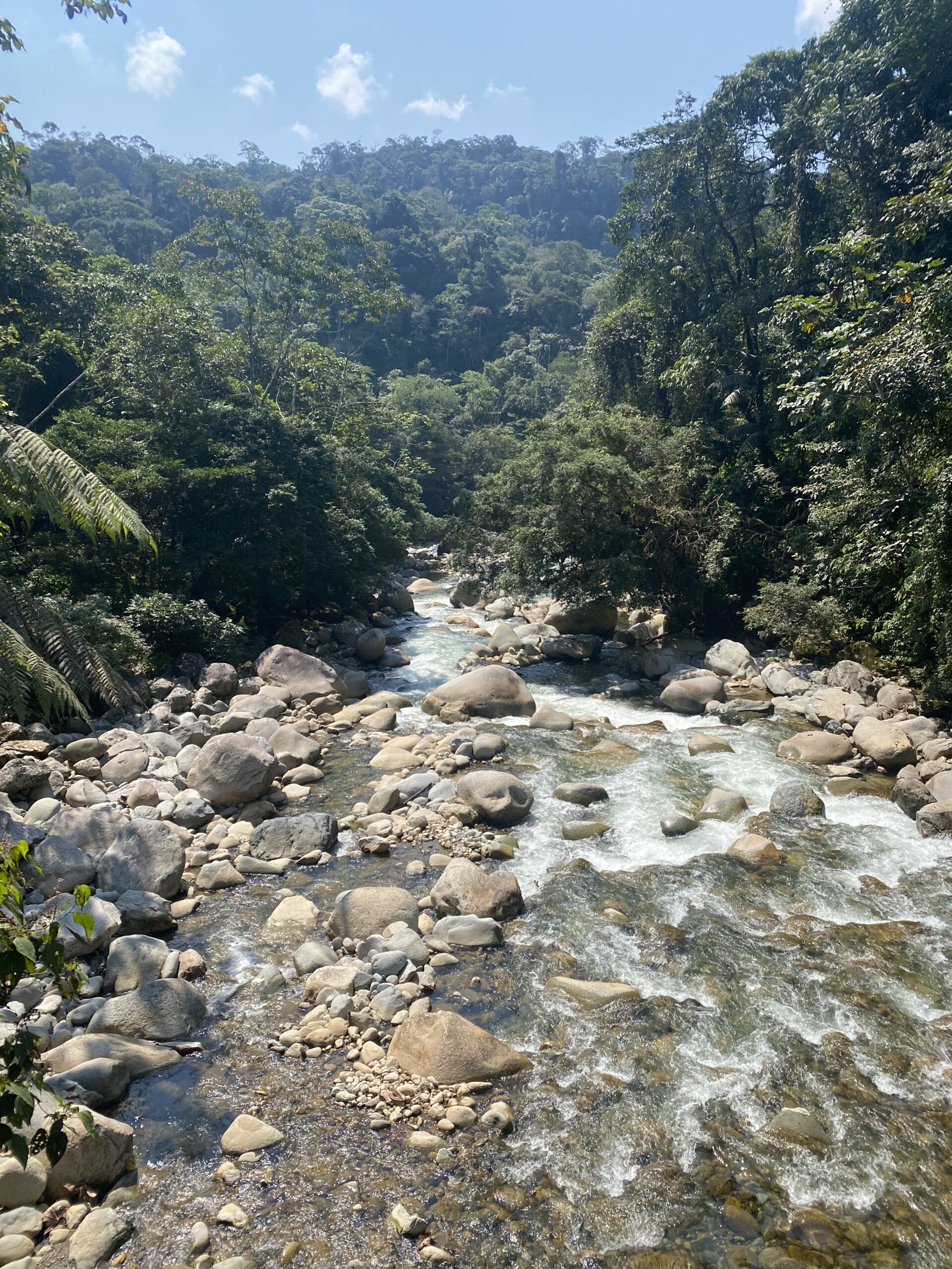 Riu de roques entre muntanyes cobertes de selva, als voltants de Mocoa